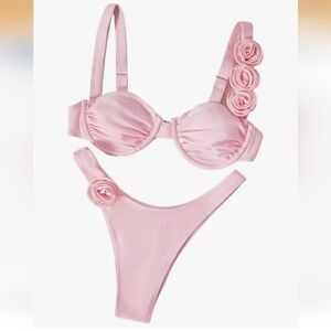 NWOT EFJONE Rosette Bikini Pink Underwire High Cut Swimwear XS Coquette Barbie